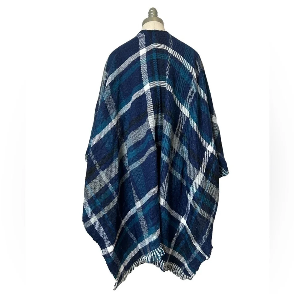 Steve Madden Blue Turquoise Reversible Plaid Houndstooth Shawl Scarf Wrap - Picture 7 of 13